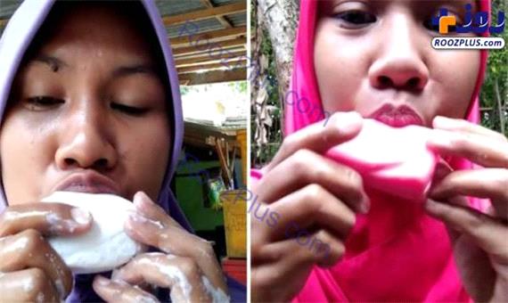 زن جوانی که عاشق خوردن صابون است!