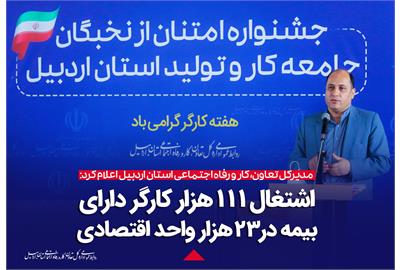 جمعیت کارگری بیمه شده استان اردبیل ۱۱۱ هزار نفر شد