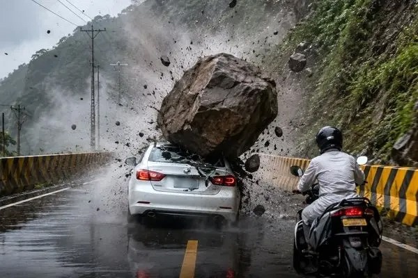 ریزش هولناک سنگ بزرگ روی خودرو